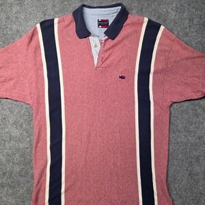 Vintage Bugle Boy Classics Polo Shirt Red Navy White Vertical Stripe Mens XL